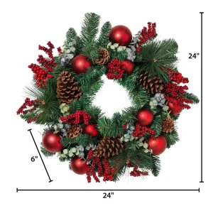 Gerson International 24 In Holiday Wreath With Pinecones, Red Berries And Ornaments