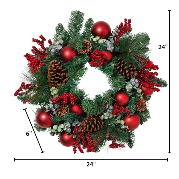 Gerson International 24 In Holiday Wreath With Pinecones, Red Berries And Ornaments
