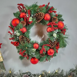 Gerson International 24 In Holiday Wreath With Pinecones, Red Berries And Ornaments