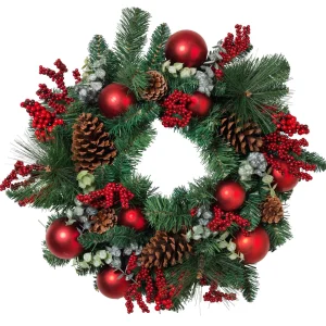 Gerson International 24 In Holiday Wreath With Pinecones, Red Berries And Ornaments