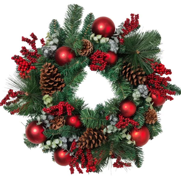 Gerson International 24 In Holiday Wreath With Pinecones, Red Berries And Ornaments