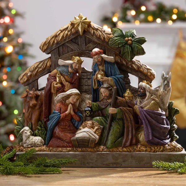 Gerson International 17.7-In L Battery- Operated Lighted Resin Nativity Stable With Figurines