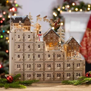 Gerson International 14.9-In L Battery- Operated Lighted Wood Village Scene Advent Calendar