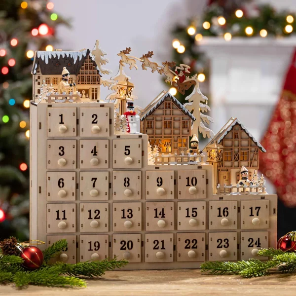 Gerson International 14.9-In L Battery- Operated Lighted Wood Village Scene Advent Calendar