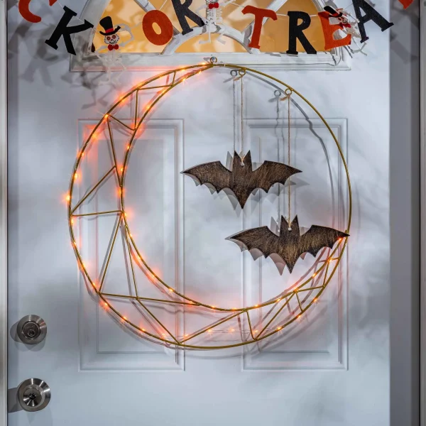 Gerson International 24 In Lighted Champagne Metal Halloween Wreath With Bats Decor