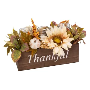 Gerson International 16-In Long Wood Fall Box Filled With Florals And 3 Candle Jars