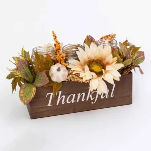 Gerson International 16-In Long Wood Fall Box Filled With Florals And 3 Candle Jars