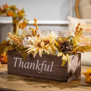 Gerson International 16-In Long Wood Fall Box Filled With Florals And 3 Candle Jars