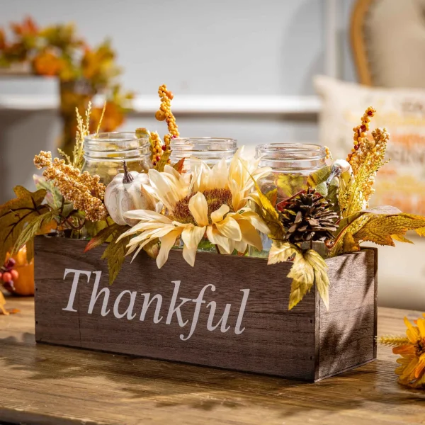 Gerson International 16-In Long Wood Fall Box Filled With Florals And 3 Candle Jars