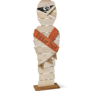 Gerson International 32 In Tall Wood Halloween Mummy, Spooky Decor With Boo Banner
