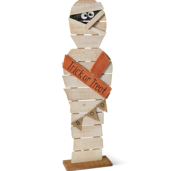 Gerson International 32 In Tall Wood Halloween Mummy, Spooky Decor With Boo Banner