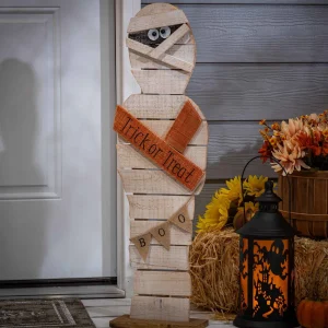 Gerson International 32 In Tall Wood Halloween Mummy, Spooky Decor With Boo Banner