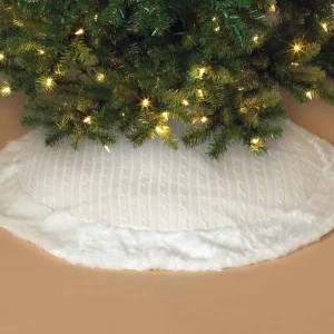 Gerson International 48 In White Cable Knit Christmas Tree Skirt, Faux Fur Trim