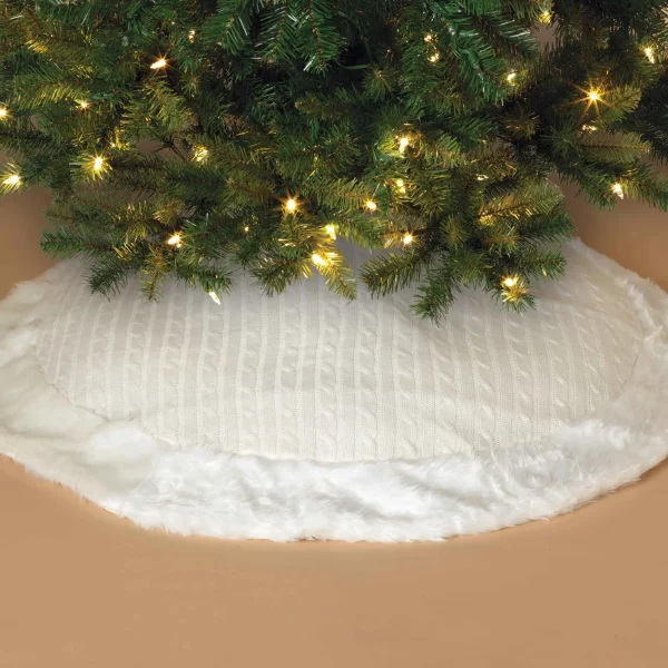 Gerson International 48 In White Cable Knit Christmas Tree Skirt, Faux Fur Trim