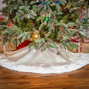 Gerson International 48 In White Cable Knit Christmas Tree Skirt, Faux Fur Trim