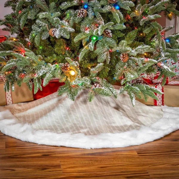 Gerson International 48 In White Cable Knit Christmas Tree Skirt, Faux Fur Trim