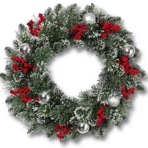 Gerson International 24 Inch Flocked Holiday Wreath With Red Berries And Ornaments