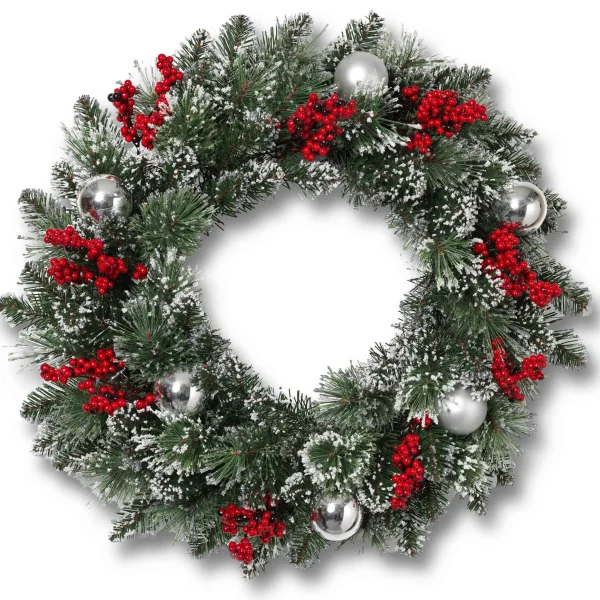 Gerson International 24 Inch Flocked Holiday Wreath With Red Berries And Ornaments