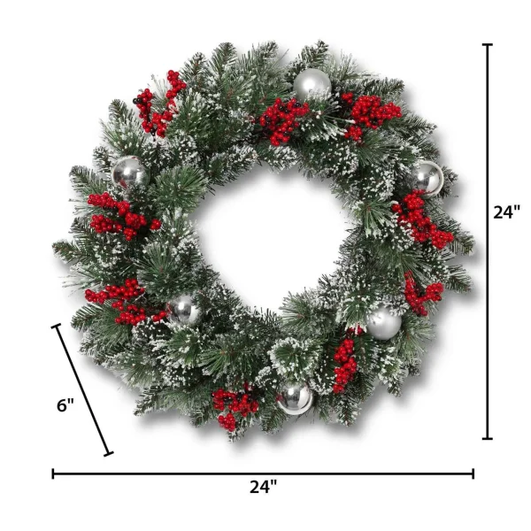 Gerson International 24 Inch Flocked Holiday Wreath With Red Berries And Ornaments