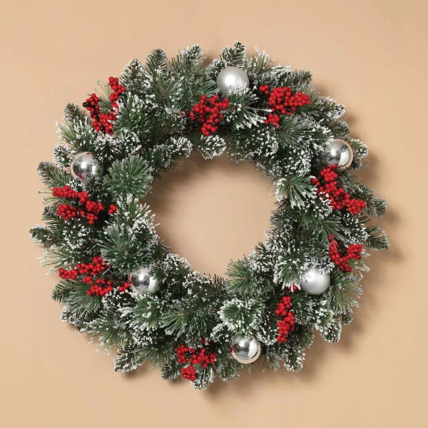 Gerson International 24 Inch Flocked Holiday Wreath With Red Berries And Ornaments