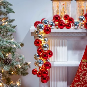 Gerson International 58.5-Inch Long Electric Red And Silver Lighted Ornament Strung Garland