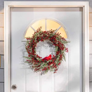 Gerson International 24 Inch Winter Holiday Wreath With Red Berries And Cardinal