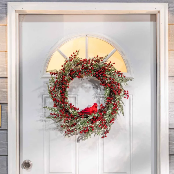 Gerson International 24 Inch Winter Holiday Wreath With Red Berries And Cardinal