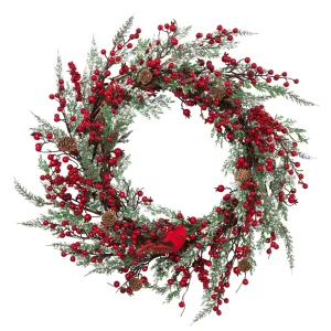 Gerson International 24 Inch Winter Holiday Wreath With Red Berries And Cardinal