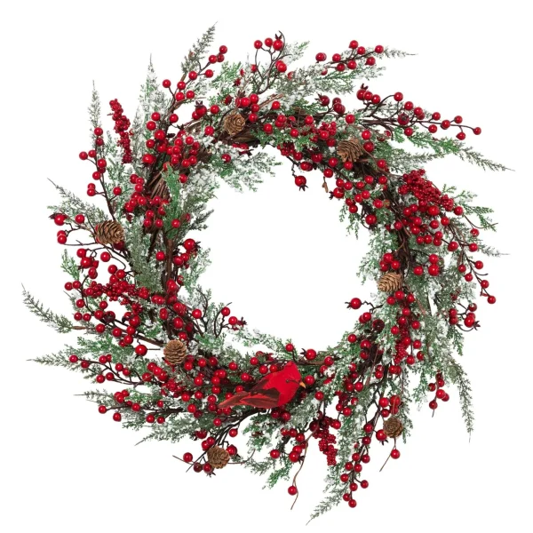 Gerson International 24 Inch Winter Holiday Wreath With Red Berries And Cardinal