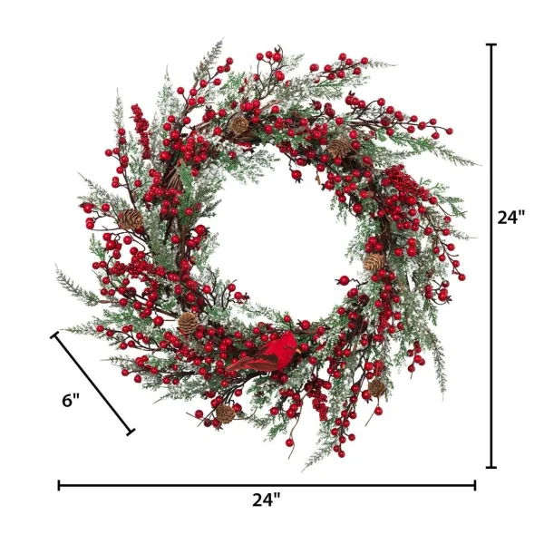 Gerson International 24 Inch Winter Holiday Wreath With Red Berries And Cardinal