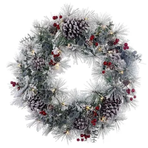 Kurt Adler 24-Inch Battery-Operated Red Berries And Pinecone Led Wreath