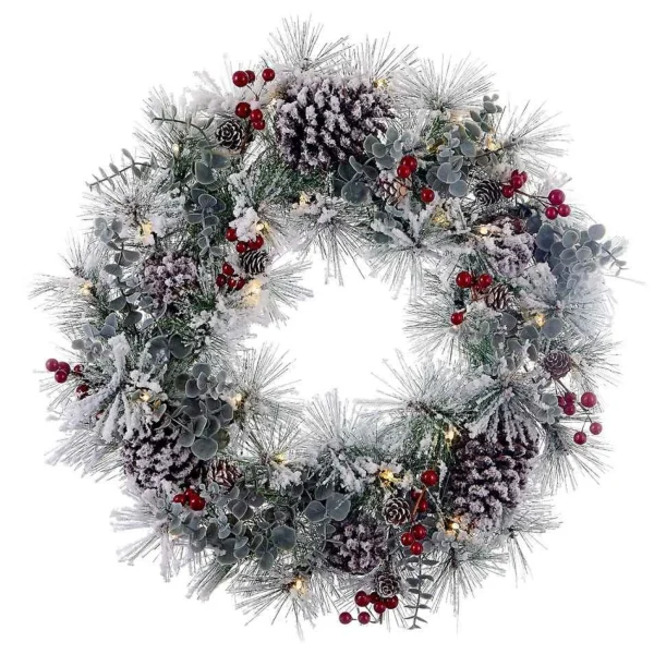 Kurt Adler 24-Inch Battery-Operated Red Berries And Pinecone Led Wreath