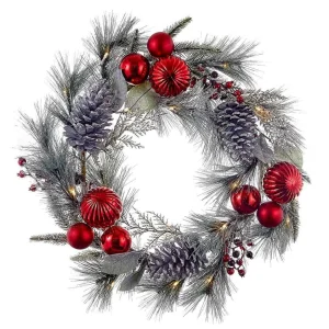 Kurt Adler 22-Inch Battery-Operated Red Berries, Balls And Silver Pinecone Wreath
