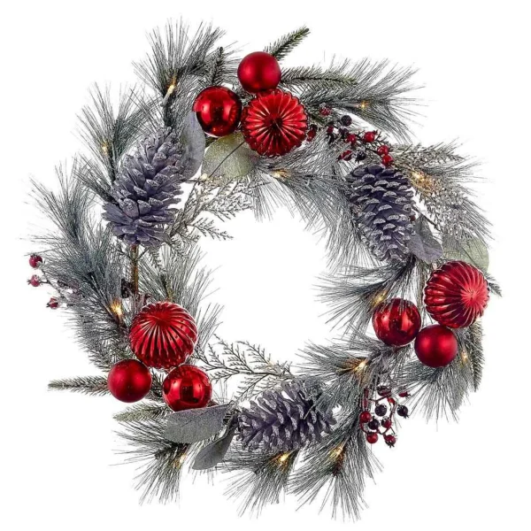 Kurt Adler 22-Inch Battery-Operated Red Berries, Balls And Silver Pinecone Wreath