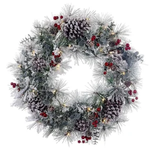 Kurt Adler 18-Inch Battery-Operated Flocked With Red Berries And Pinecones Led Wreath