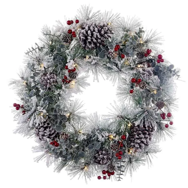 Kurt Adler 18-Inch Battery-Operated Flocked With Red Berries And Pinecones Led Wreath