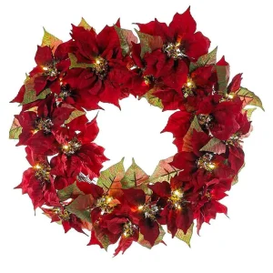 Kurt Adler 24-Inch Battery-Operated Red Poinsettia Led Wreath