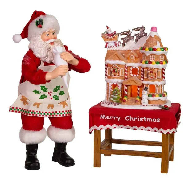 Kurt Adler 10.5-Inch Battery-Operated Fabriche Santa Decorating Led Gingerbread House Table Piece