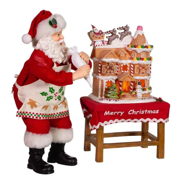 Kurt Adler 10.5-Inch Battery-Operated Fabriche Santa Decorating Led Gingerbread House Table Piece