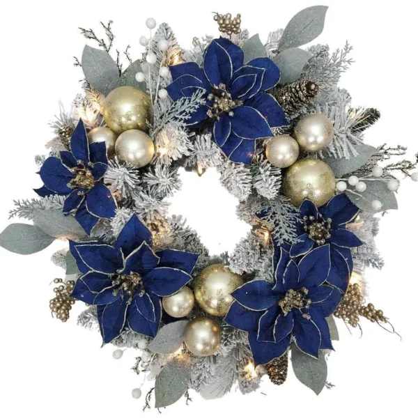 Kurt Adler 24-Inch Blue And Gold Poinsettia Decorated Flocked Wreath