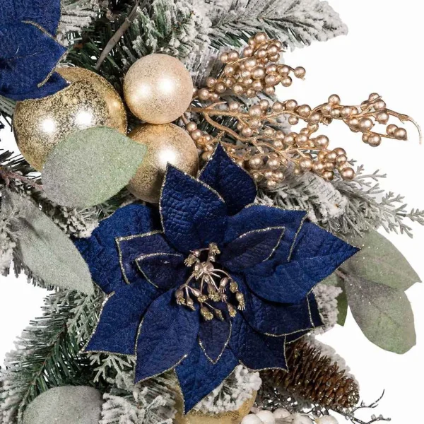 Kurt Adler 24-Inch Blue And Gold Poinsettia Decorated Flocked Wreath