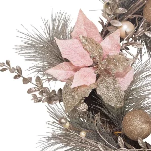 Kurt Adler 20-Inch Champagne And Gold Wreath With Pink Poinsettias And Ornaments