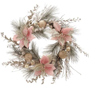 Kurt Adler 20-Inch Champagne And Gold Wreath With Pink Poinsettias And Ornaments