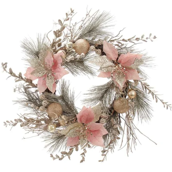 Kurt Adler 20-Inch Champagne And Gold Wreath With Pink Poinsettias And Ornaments