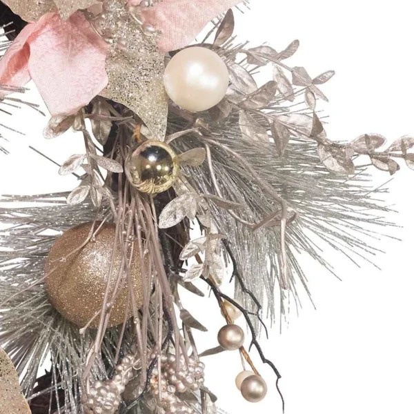 Kurt Adler 20-Inch Champagne And Gold Wreath With Pink Poinsettias And Ornaments