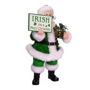 Kurt Adler 10.5-Inch Fabriche Musical Irish Santa Gift Box And Sign