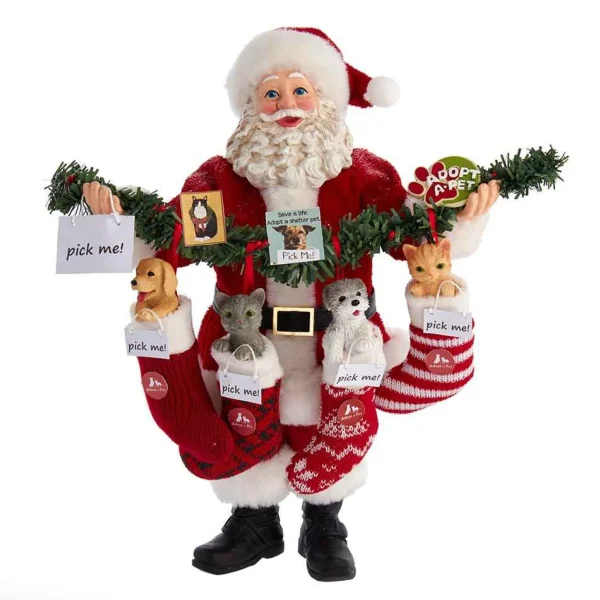 Kurt Adler 10.5-Inch Fabriche Santa With Adopt-A-Pet Garland And Pets In Stockings