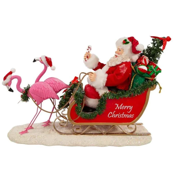 Kurt Adler 10-Inch Fabriche Flamingos Pulling Santa Sleigh