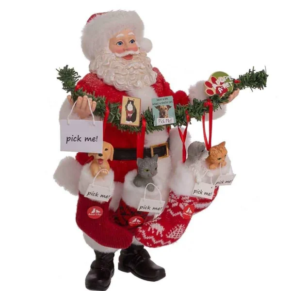 Kurt Adler 10.5-Inch Fabriche Santa With Adopt-A-Pet Garland And Pets In Stockings