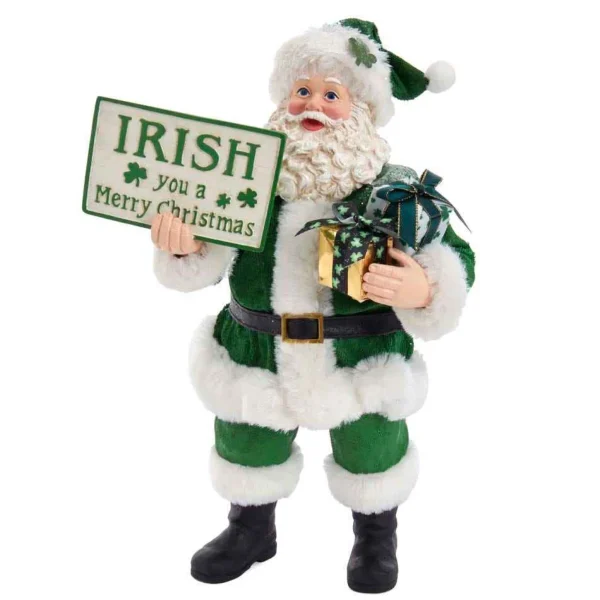 Kurt Adler 10.5-Inch Fabriche Musical Irish Santa Gift Box And Sign